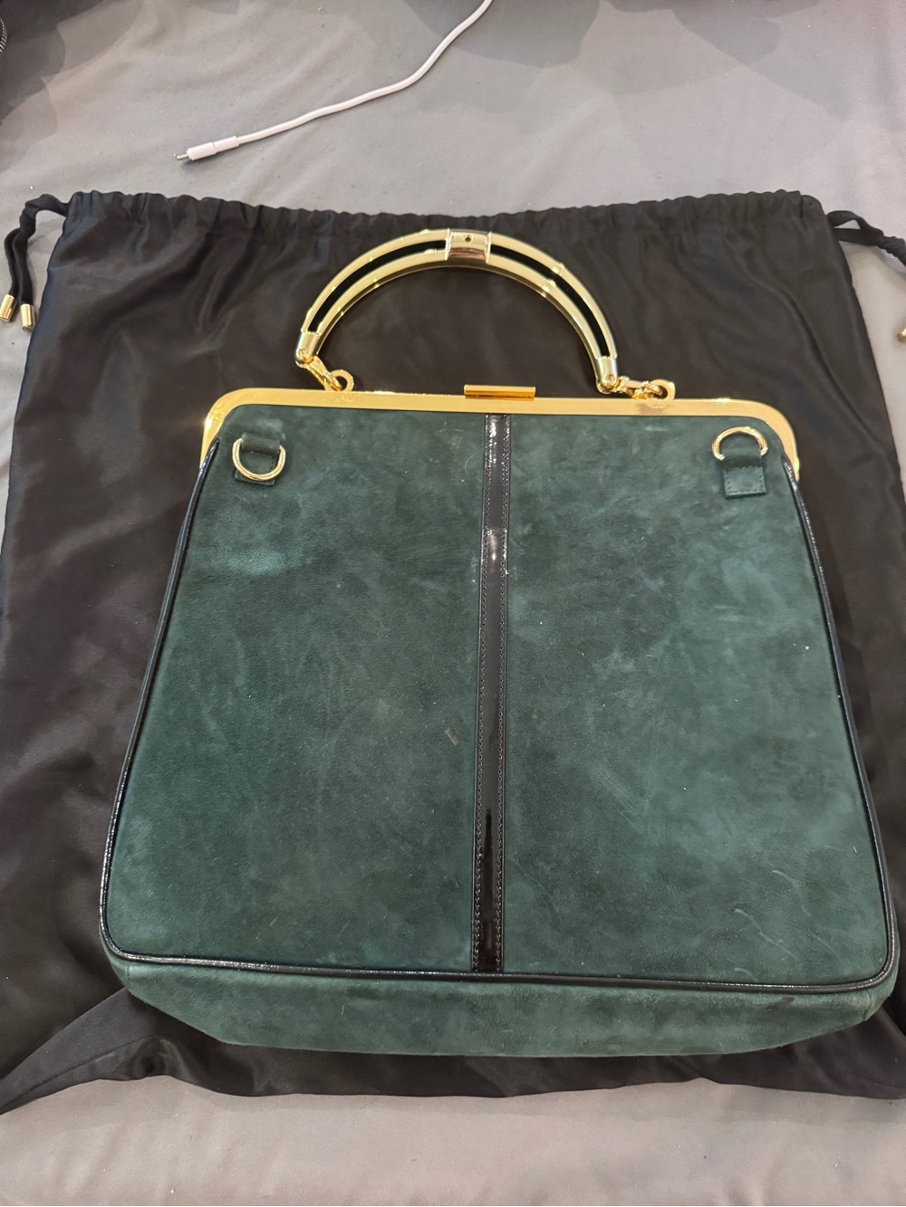 Balmain H&M Structured Green Suede Satchel with Gold Handle - Picture 2 of 4
